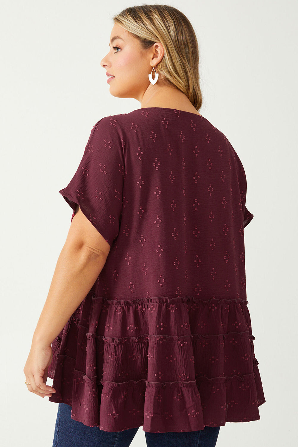 Red Plus Size Floral Embroidered Ruffled Short Sleeve Top
