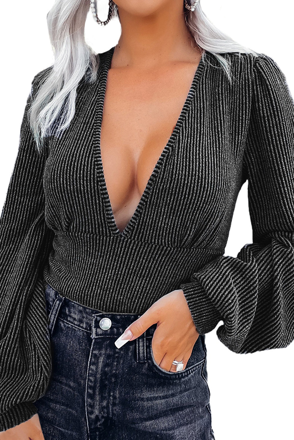 Gray Deep V Neck Bubble Sleeves Ribbed Bodysuit