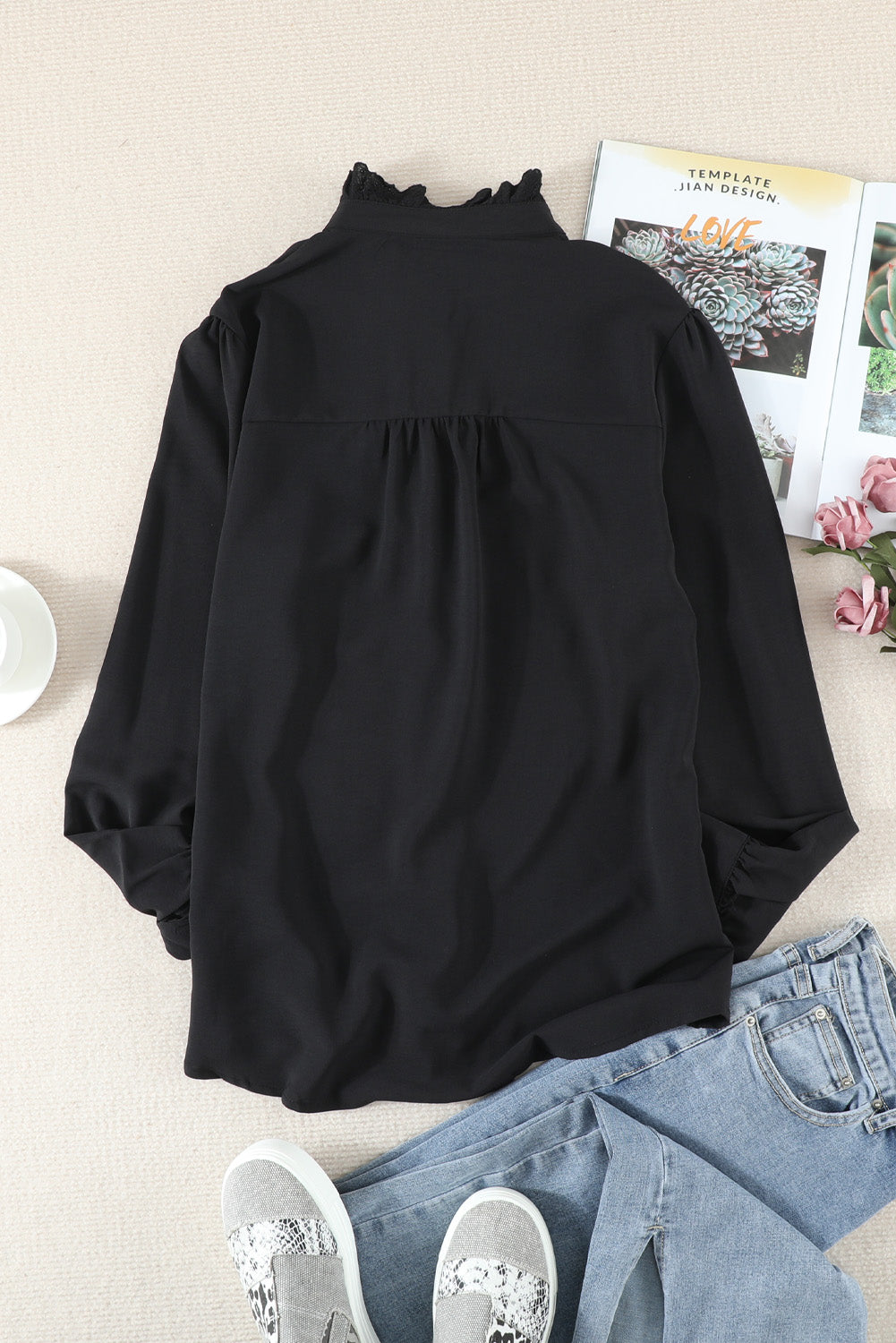 Solid Color Lace Frilled Trims Long Sleeve Shirt