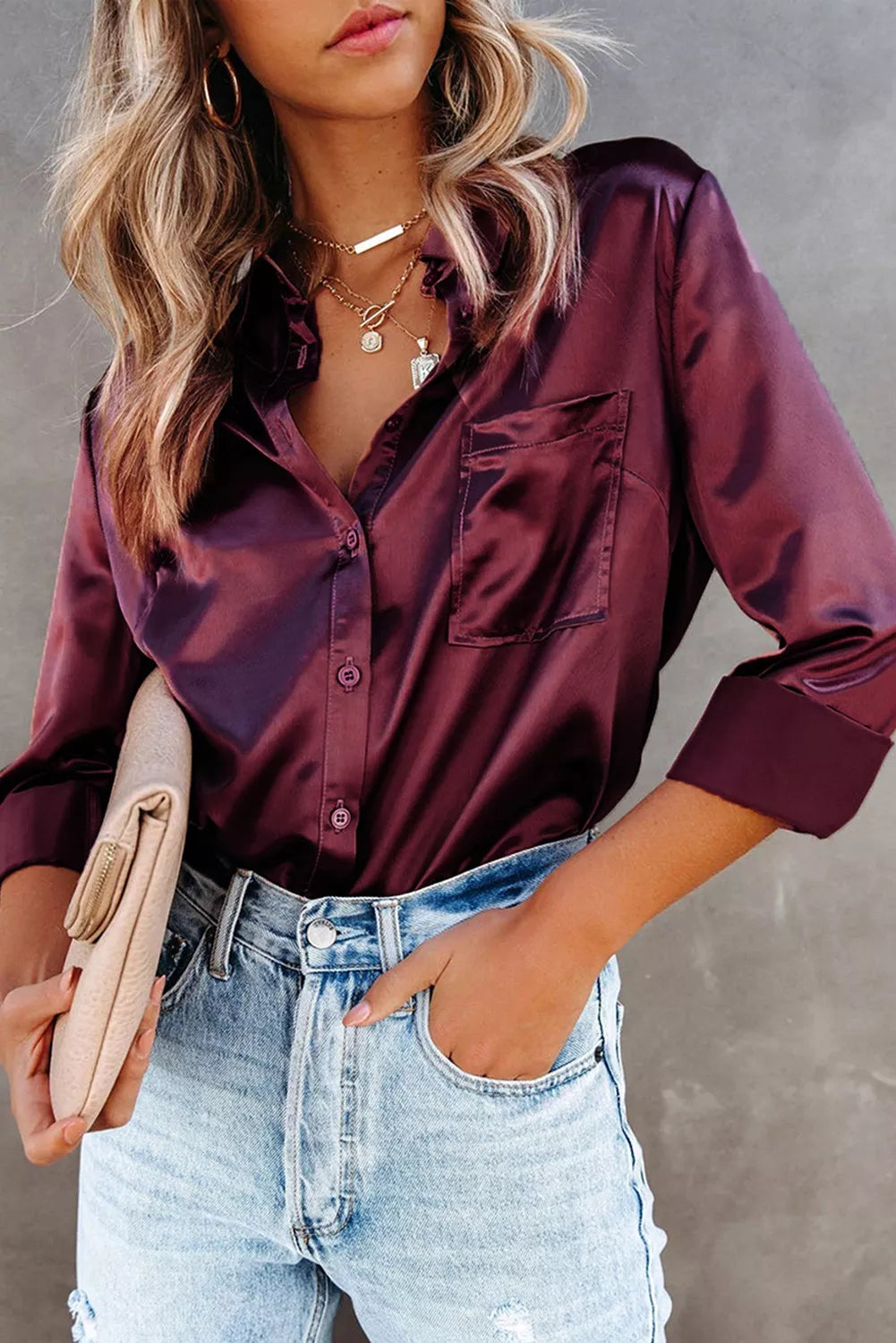 Satin Button Shirt with Pocket