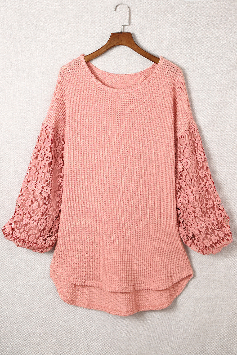 Lace Patchwork Waffle Knit Balloon Sleeve Blouse