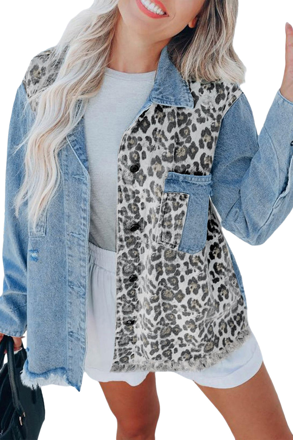 Sky Blue Leopard Contrast Splice Denim Jacket