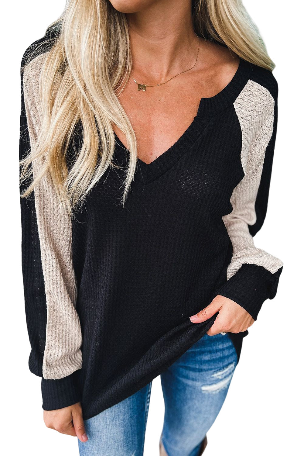 Black V Neck Contrast Block Waffle Knit Top