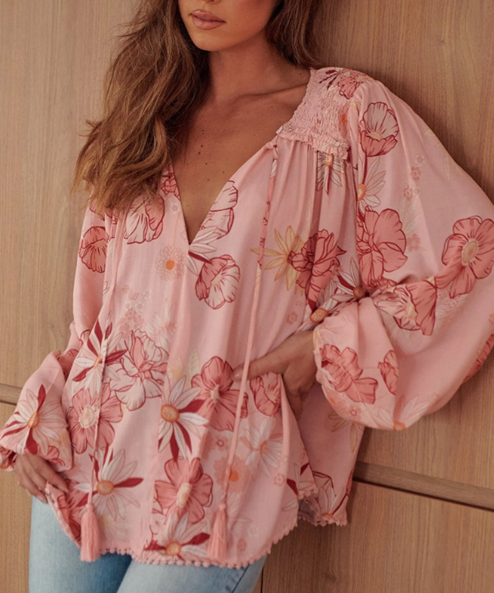 Floral Tasseled V Neck Puff Sleeve Blouse