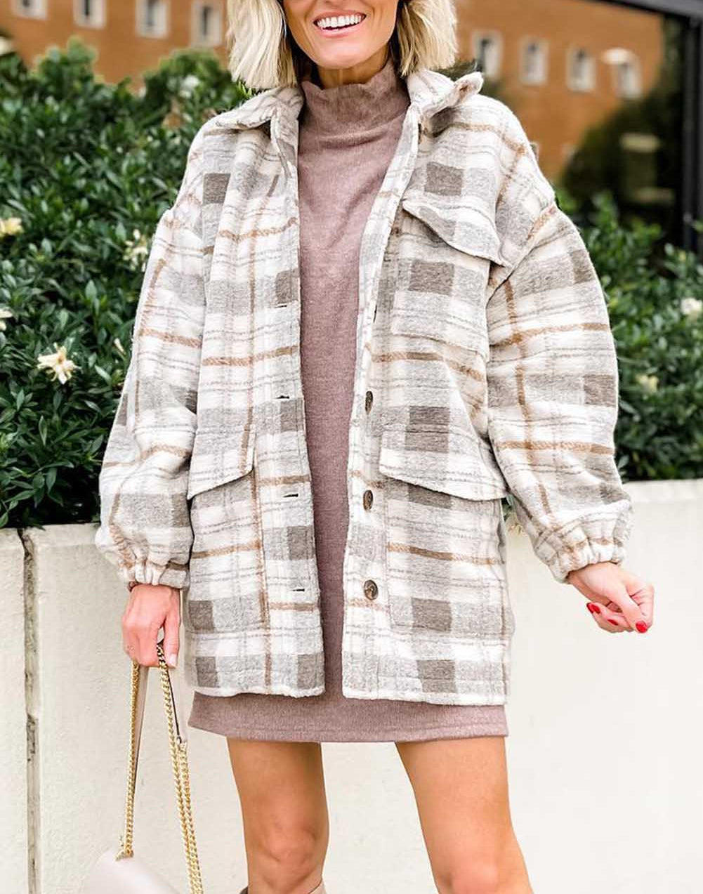 Plaid Drop Shoulder Puff Sleeve Jacket