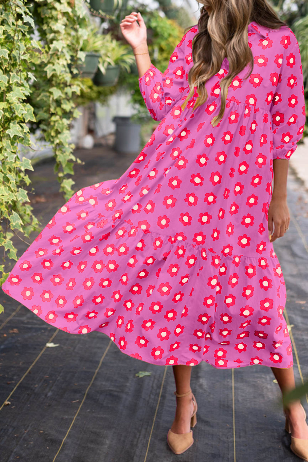 Flower Print Bracelet Sleeve Buttons Collared Maxi Dress