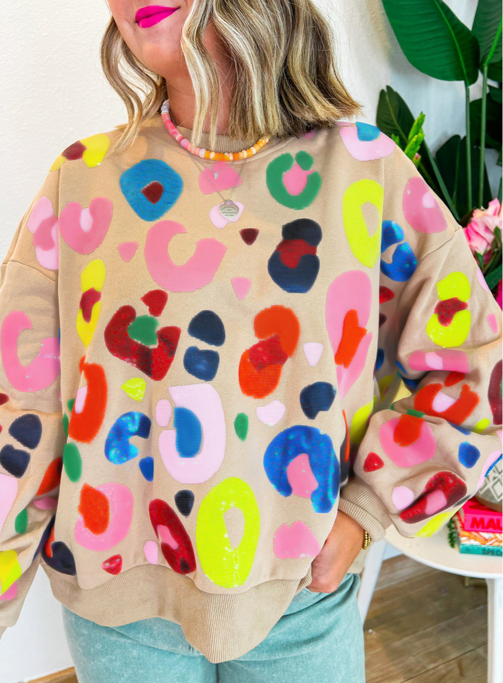 Multicolor Leopard Printed Drop Shoulder Pullover Sweatshirt