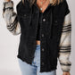 Plaid Sleeve Frayed Hem Hooded Denim Jacket