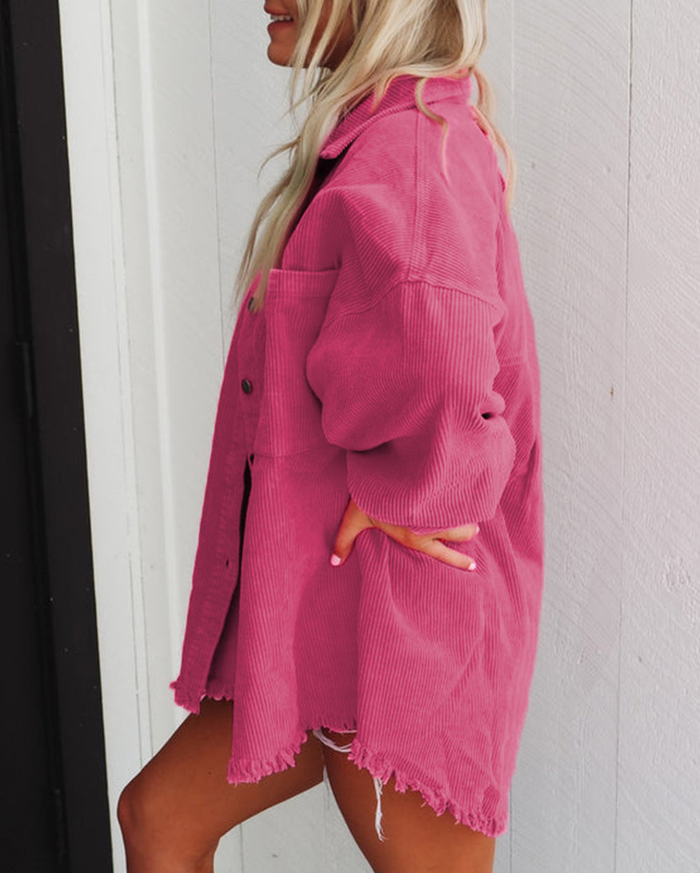 Corded Dual Chest Pocket Raw Hem Shacket