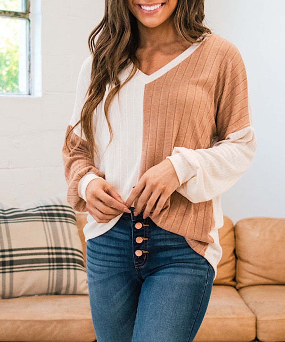 Color Block Wide Ribbed V Neck Top