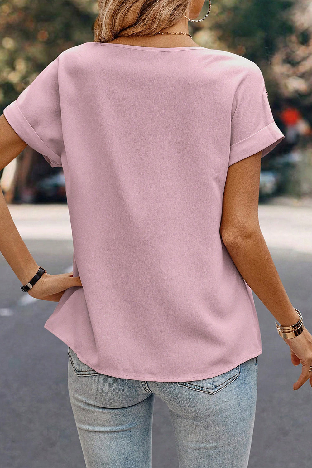 Solid Pleated Patched Crew Neck T Shirt