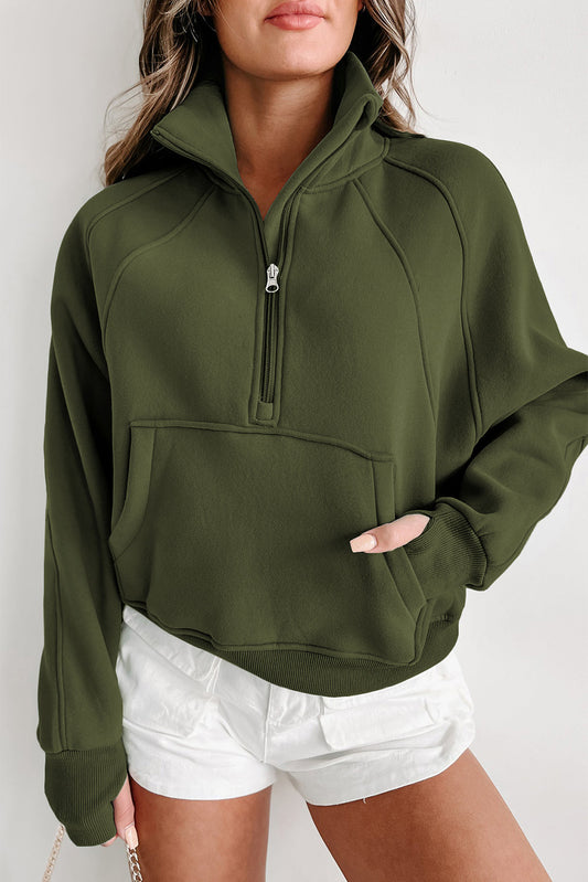 Zip Up Stand Collar Ribbed Thumbhole Sleeve Sweatshirt