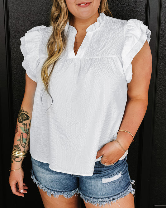 Textured Ruffled Flutter Sleeve Plus Size Blouse