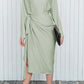 Satin Wrap Tie Side Boat Neck Long Sleeve Dress