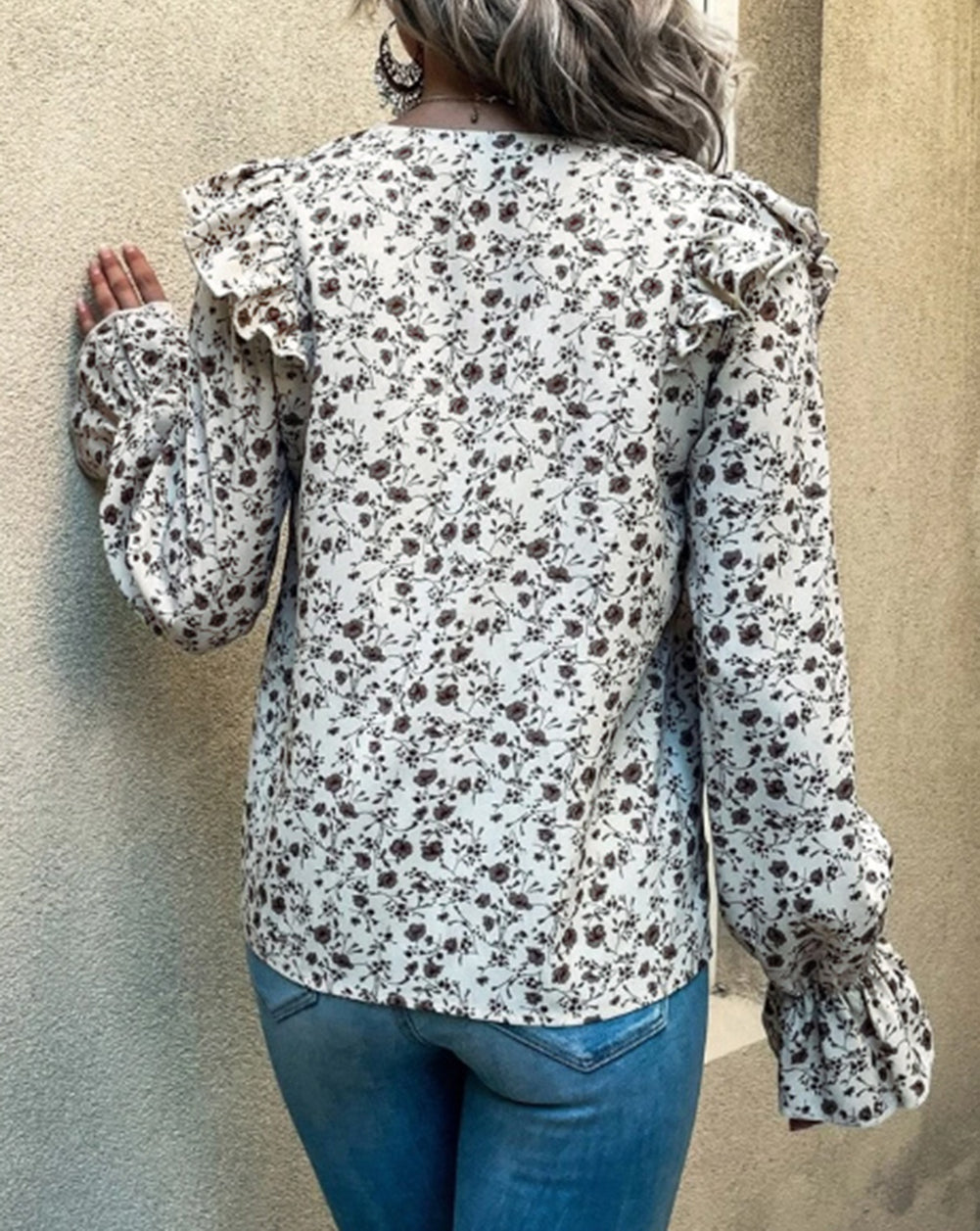 Floral Print V Neck Ruffled Blouse