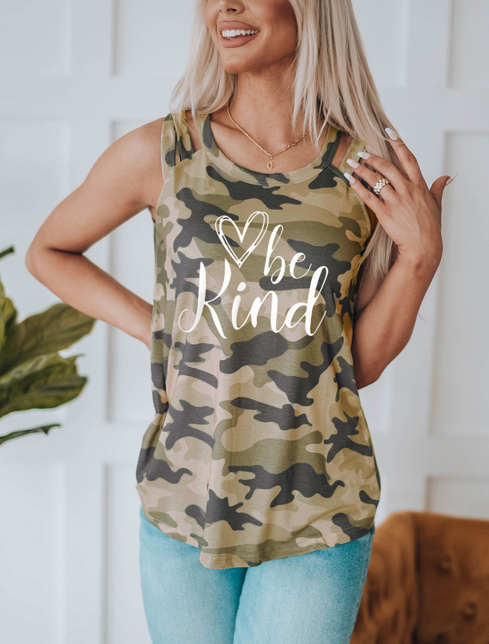 Green Be Kind Camo Crisscross Shoulder Tank Top