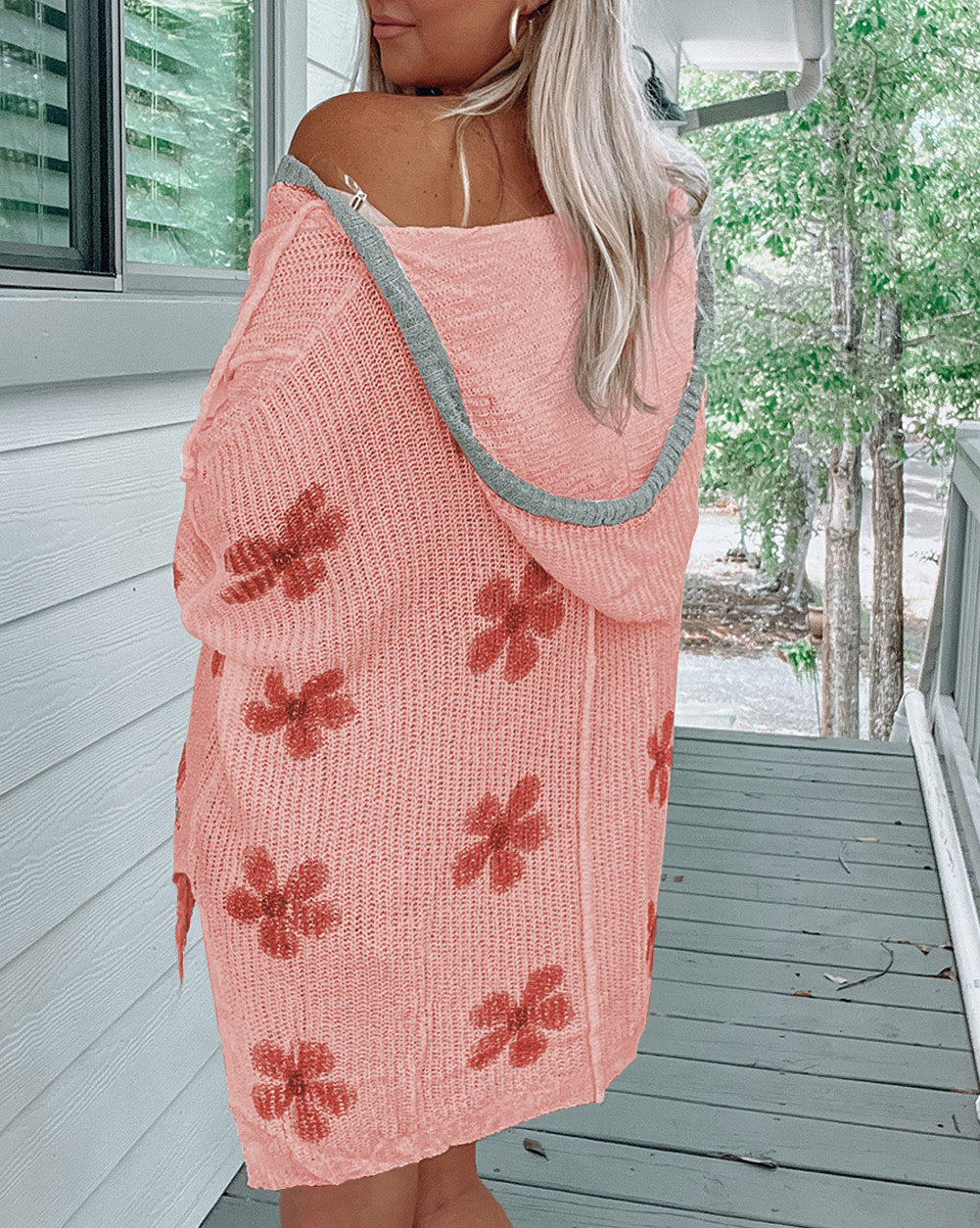 Floral Print Lightweight Knit Hooded Sweater