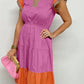 Color Block Tiered Notched Neck Ruffle Sleeve Dress