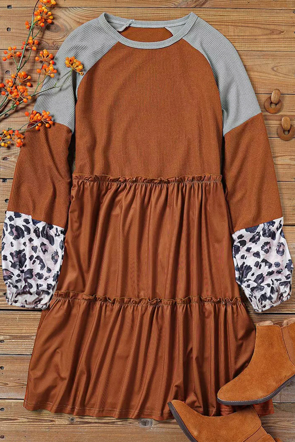 Plus Size Waffle Leopard Long Sleeve Ruffle Mini Dress