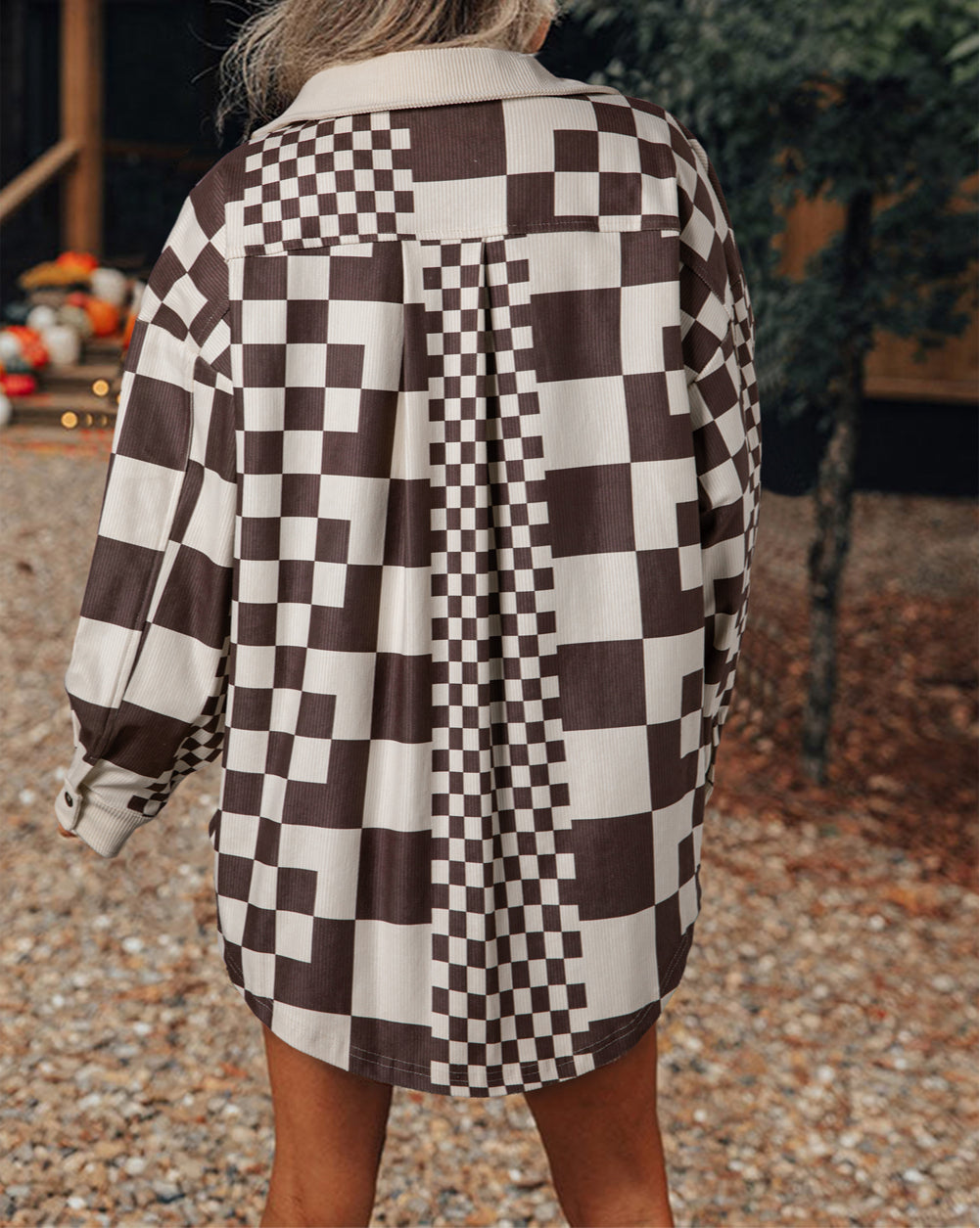 Checkered Print Patchwork Corduroy Shacket