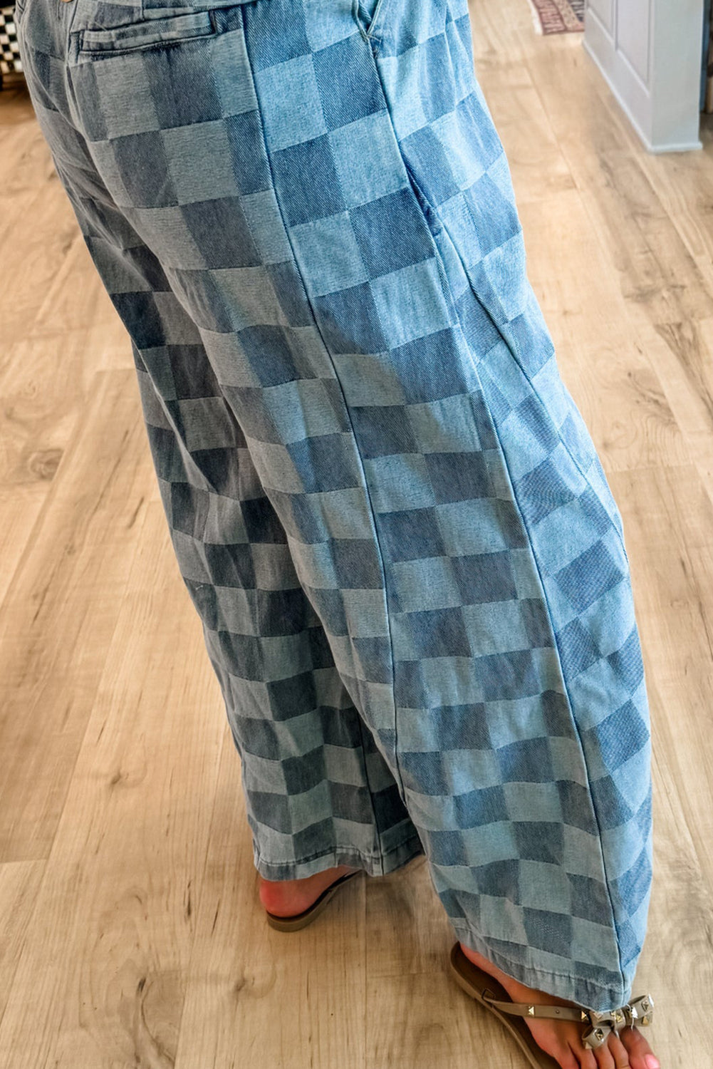 Checkered Denim Wide Leg Jeans