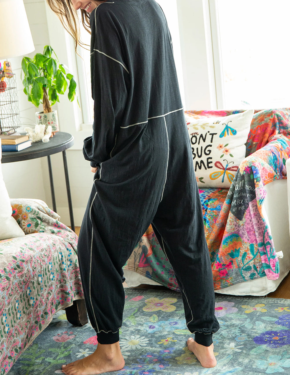Flatlock Seam Detail V Neck Baggy Jumpsuit