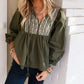 Embroidered Split Neck Pleated Loose Blouse