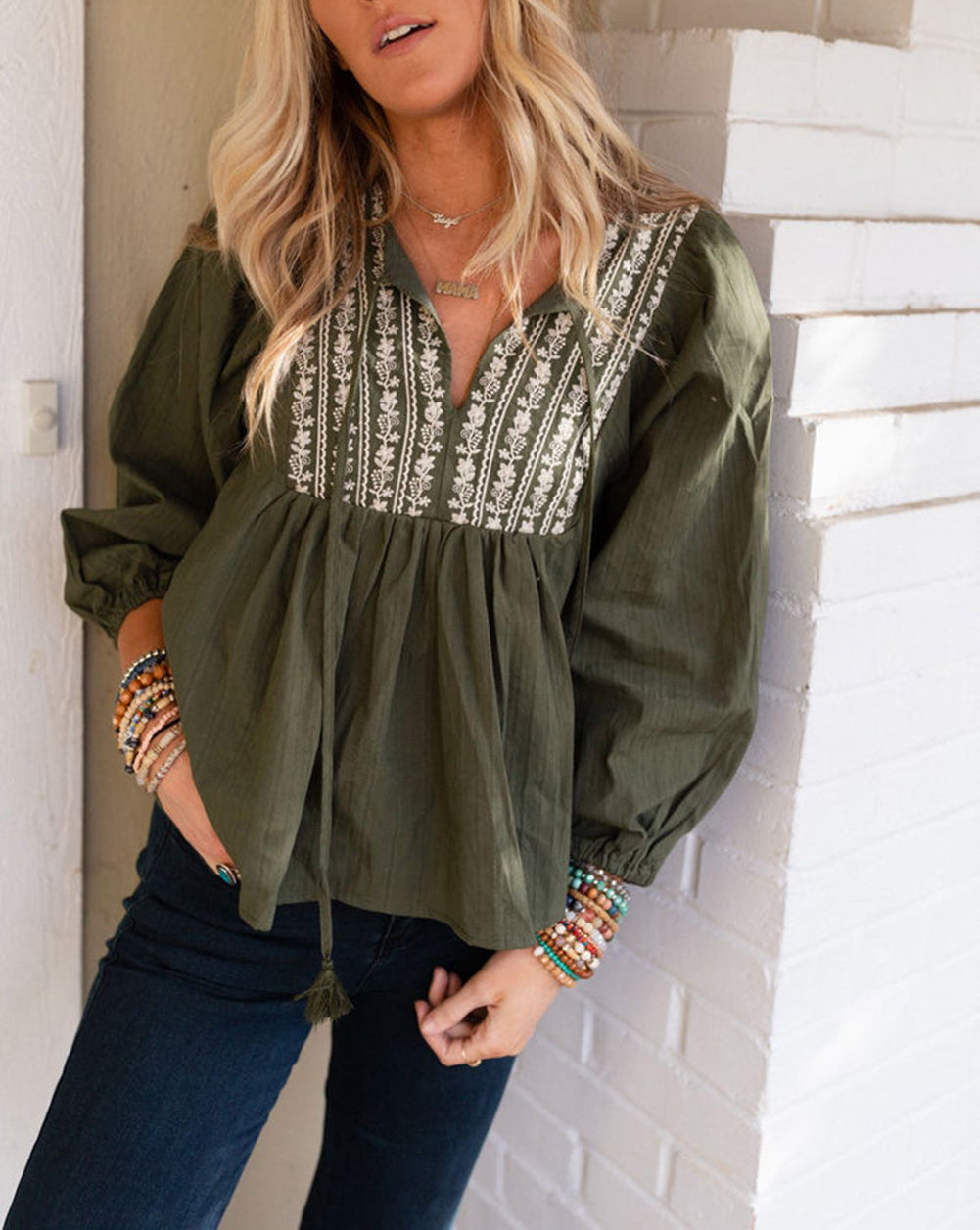 Embroidered Split Neck Pleated Loose Blouse