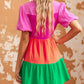 Multicolor Color Block Tiered Puff Sleeve Dress