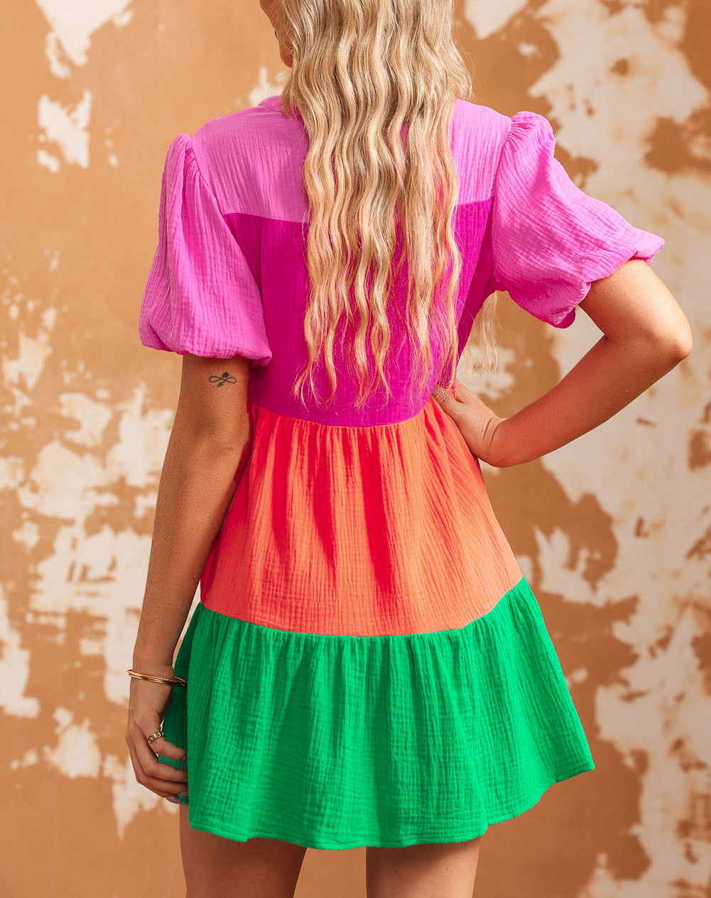 Multicolor Color Block Tiered Puff Sleeve Dress