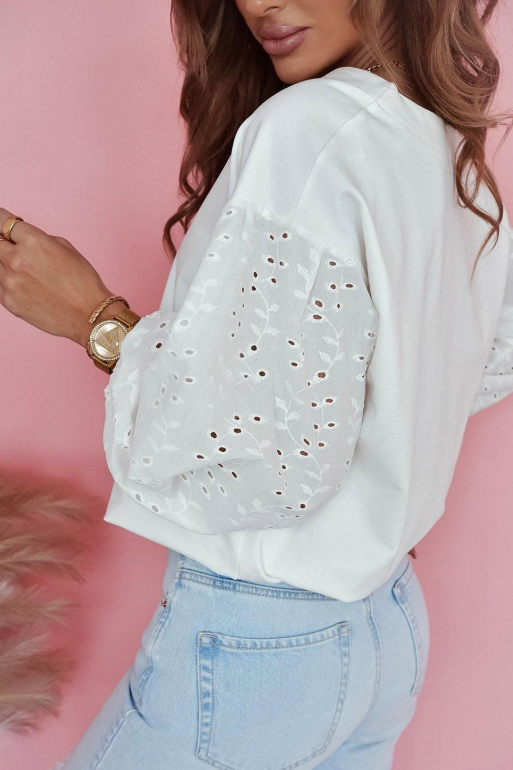 V-neck Embroidered Patchwork Puff Sleeve Blouse