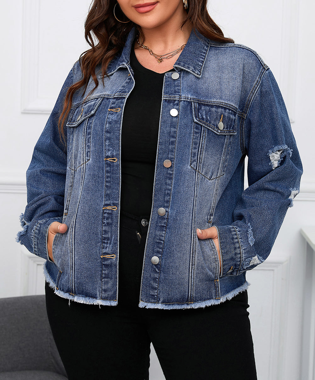 Plus Size Distressed Flap Pocket Denim Jacket
