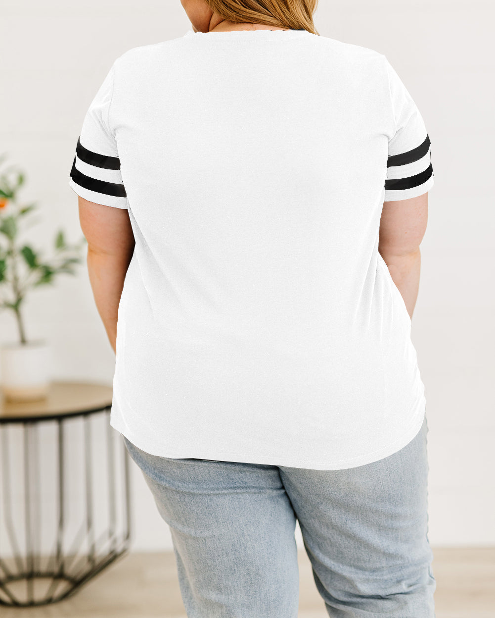 Plus Size Stripes Stitching Sleeve V Neck T-shirt