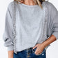 Waffle Patchwork Long Sleeve Raw Hem Pullover Top