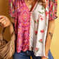 Boho Floral Patchwork Buttoned Short Sleeve Blouse