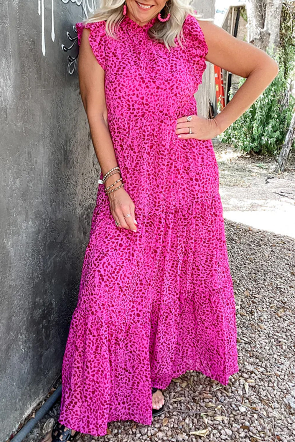 Leopard Print Ruffled Trim Tiered Maxi Dress