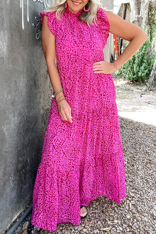 Leopard Print Ruffled Trim Tiered Maxi Dress