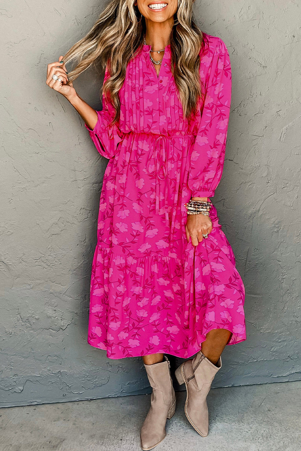 Floral Print Pleated Drawstring High Waist Midi Dress