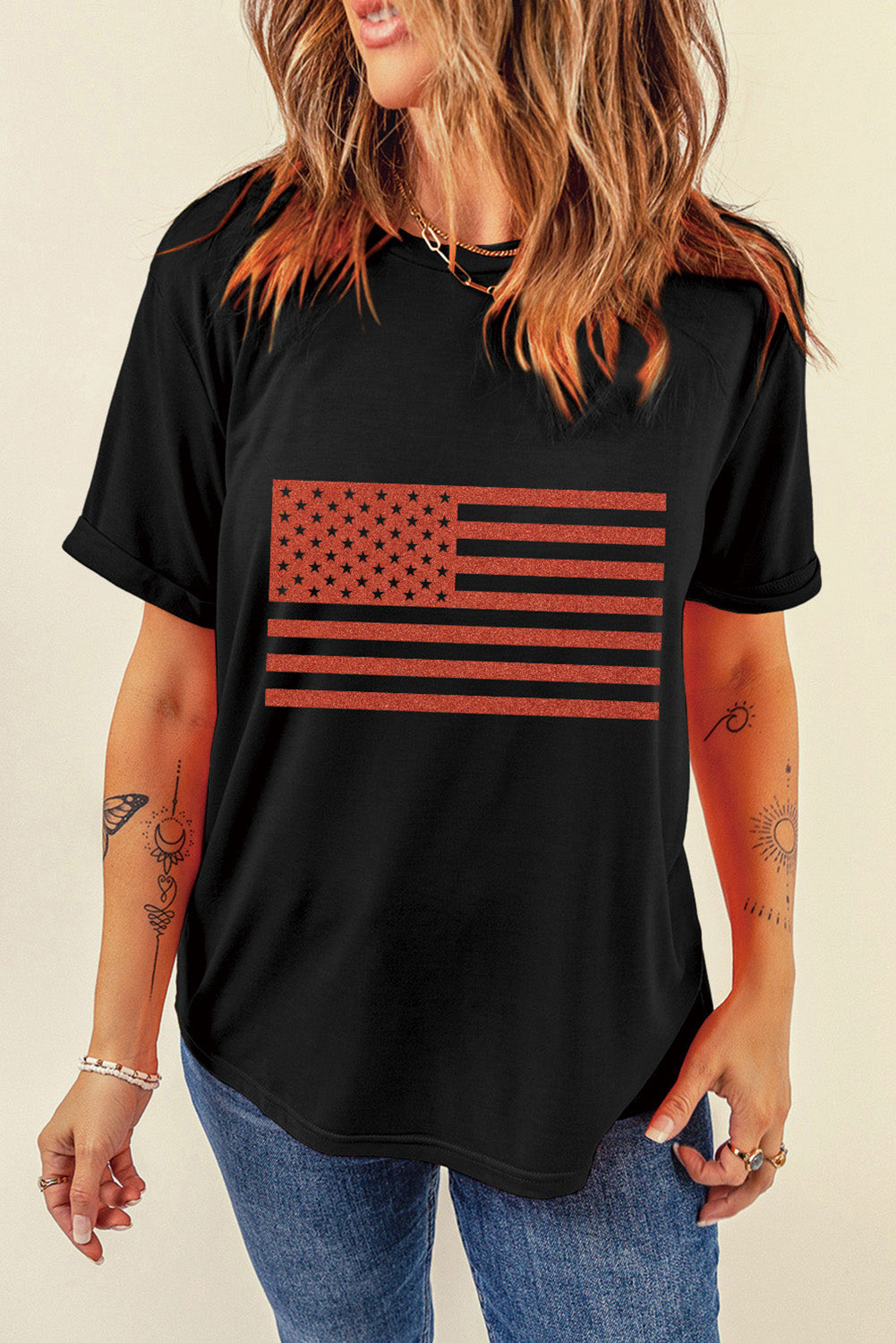 Glitter American Flag Round Neck Graphic T Shirt