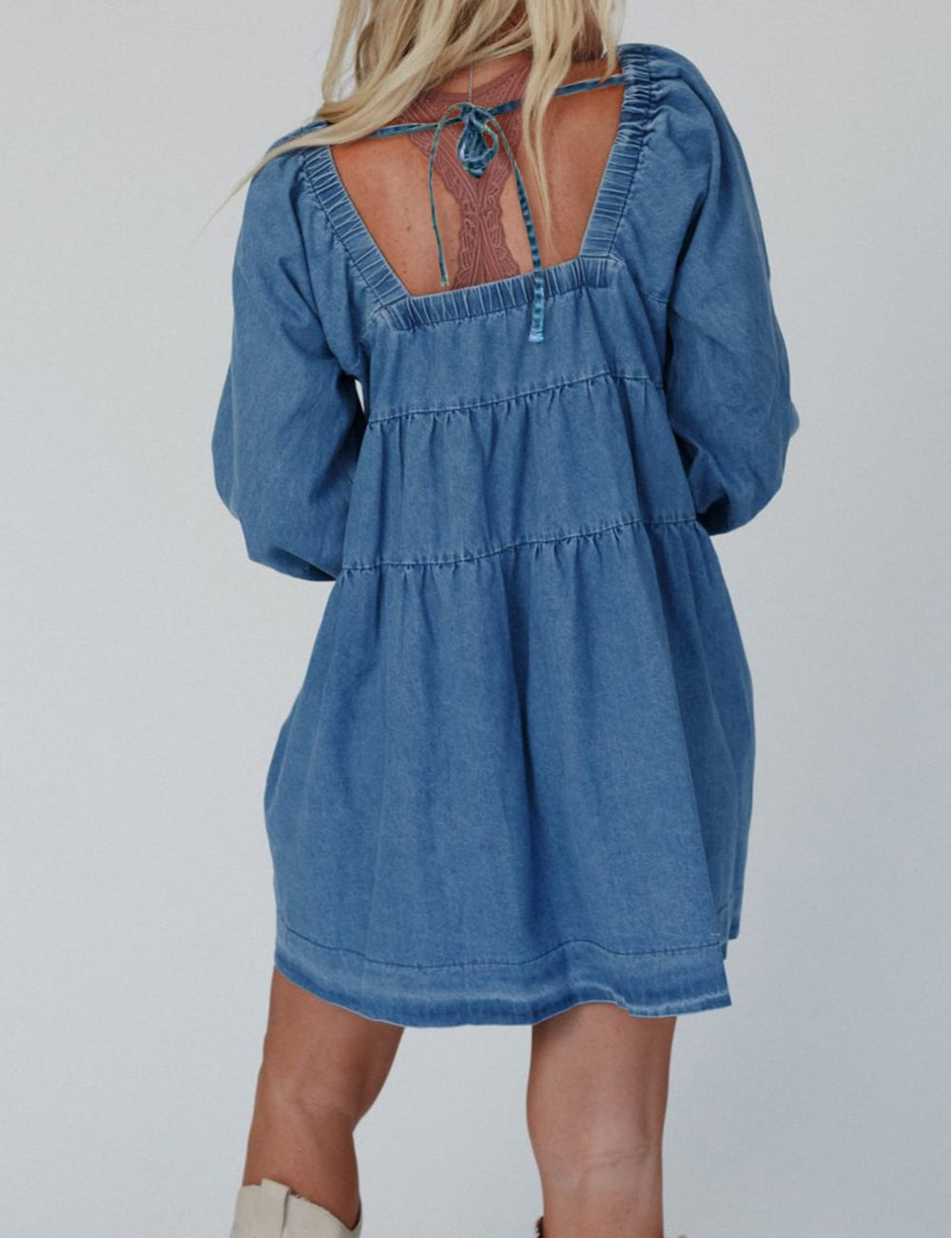 Square Neck Side Pockets Loose Fit Denim Mini Dress