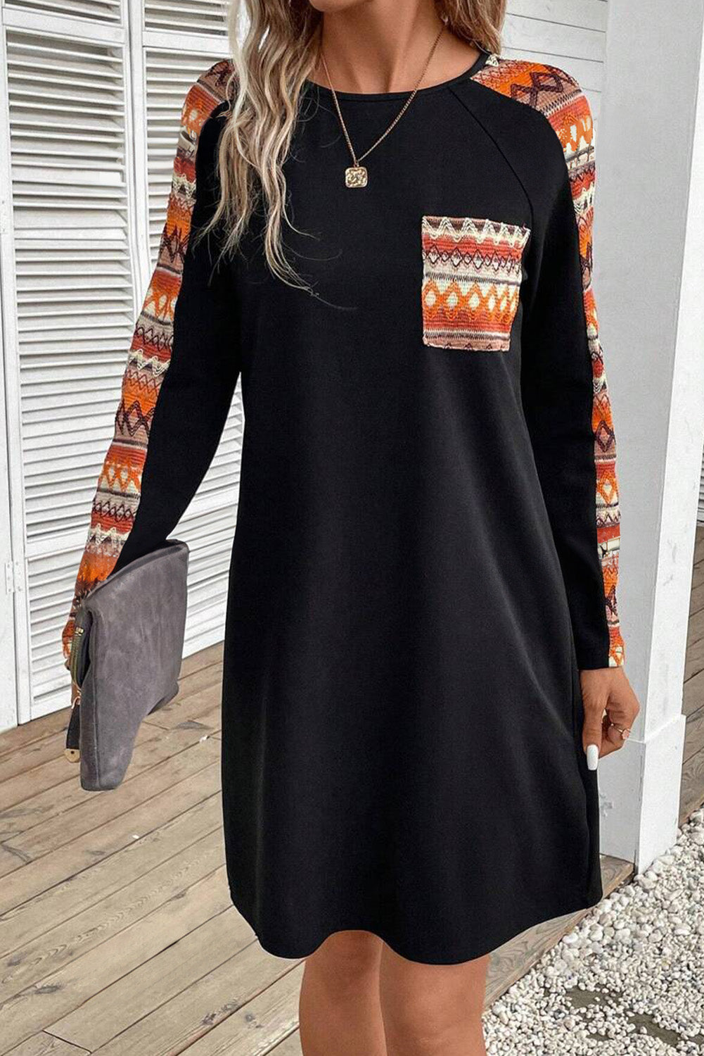 Contrast Geo Raglan Sleeve Patchwork Dress