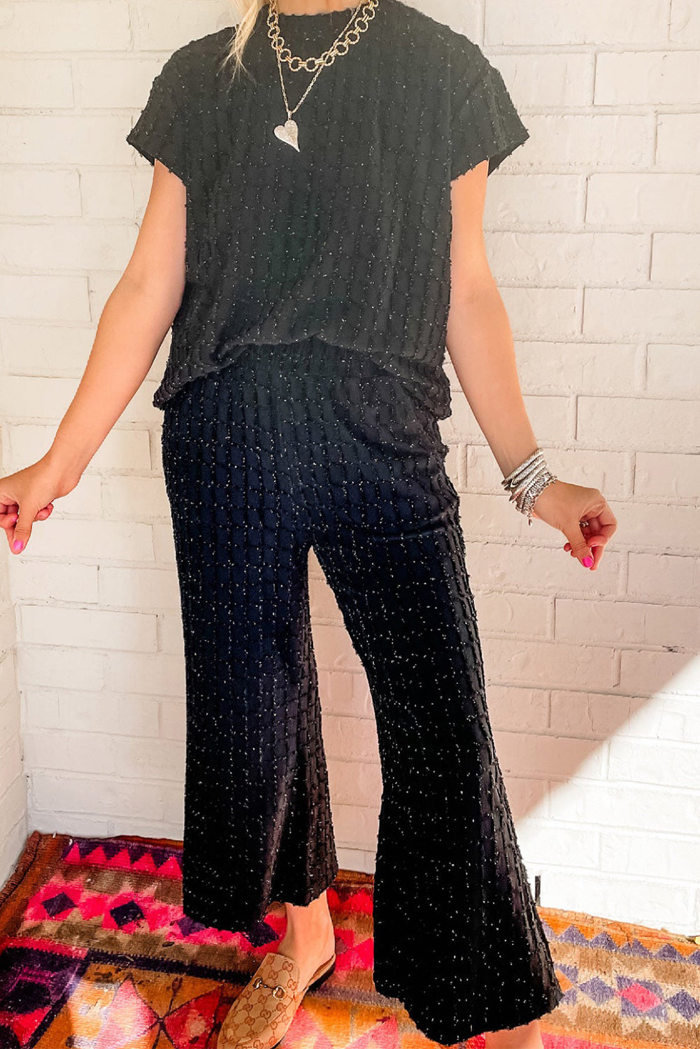 Metallic Lattice Textured Casual Two Piece Set