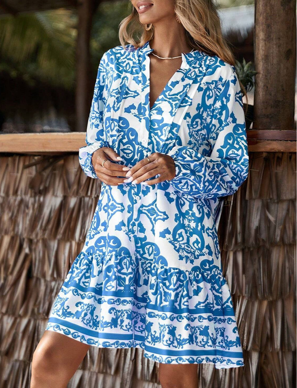 Tribal Print Button Up Notch Neck Loose Mini Dress