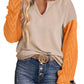 Corduroy Patchwork Drop Shoulder V Neck Top