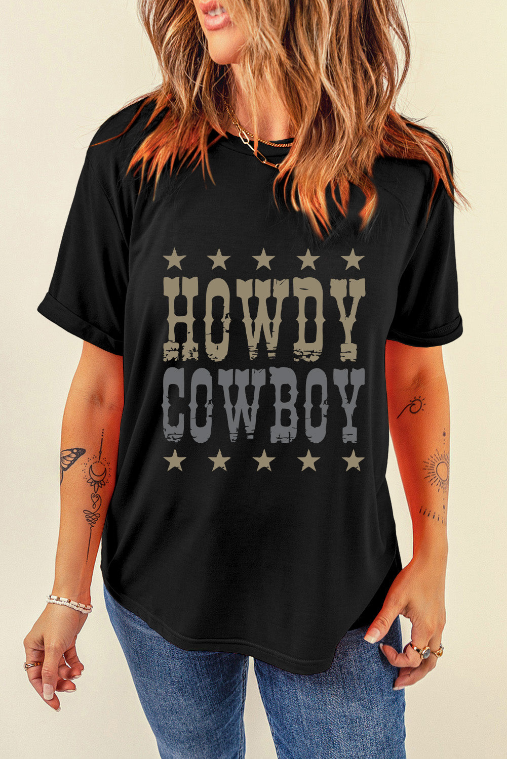 HOWDY COWBOY Star Print Crew Neck Loose T Shirt