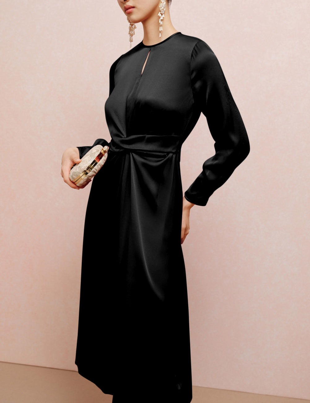 Twist Front Tie Back Long Sleeve Satin Dress