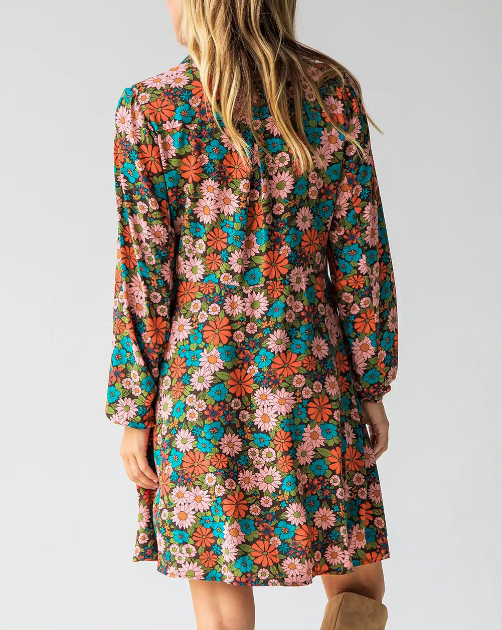 Vibrant Floral Print Lapel Collar Button Closure Shirt Dress