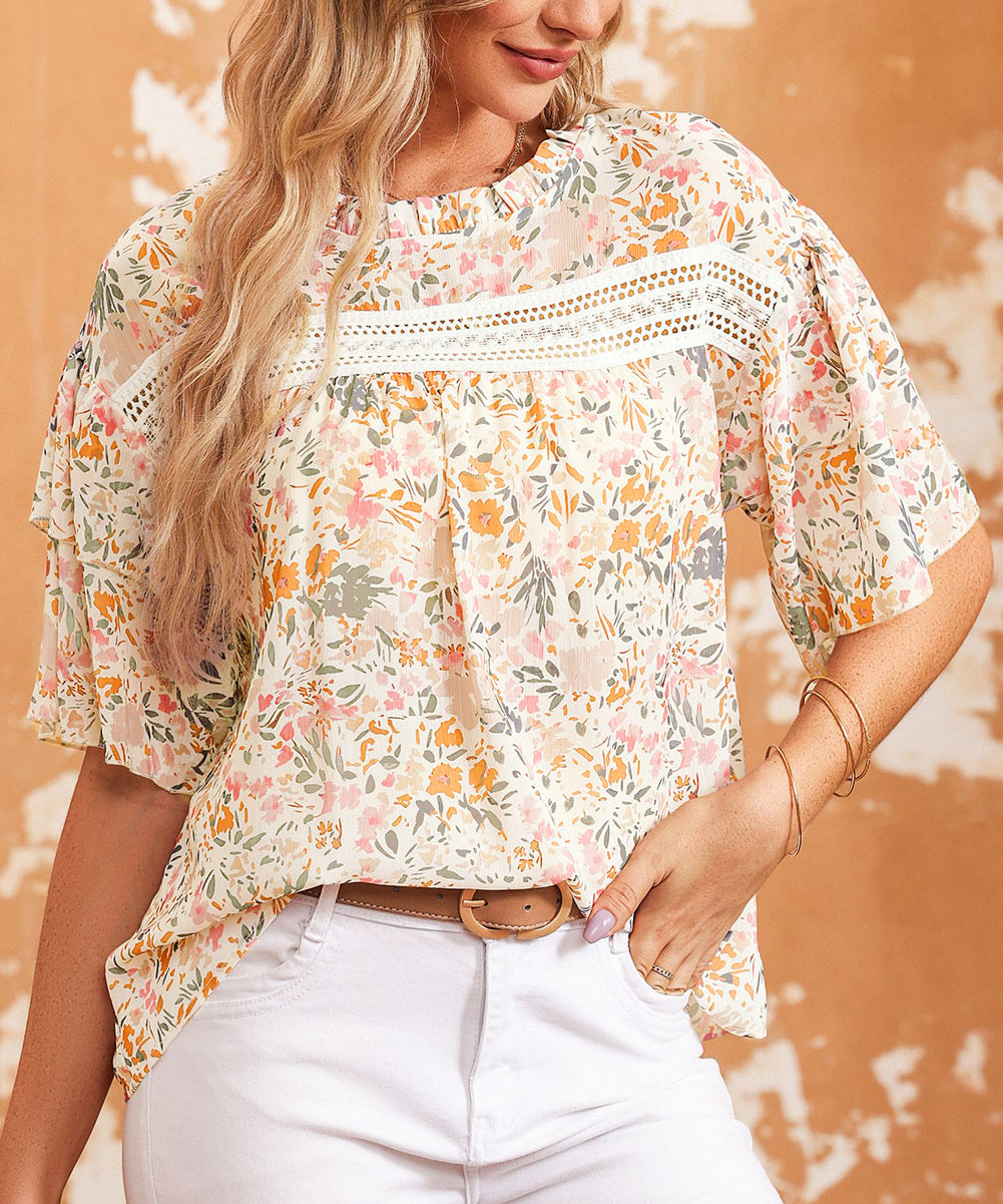 Floral Print Wide Ruffle Sleeves Blouse