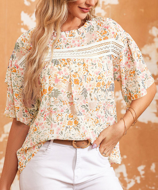 Floral Print Wide Ruffle Sleeves Blouse
