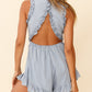 Sky Blue Frill Trim Cutout Back Sleeveless Romper